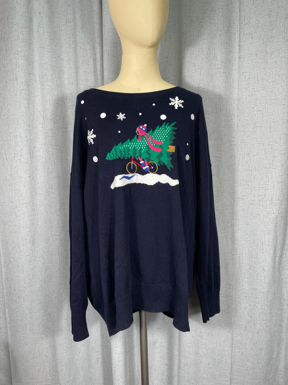 Talbots Whimsical Plus Size Holiday Sweater Navy Woman Bike Christmas Tree